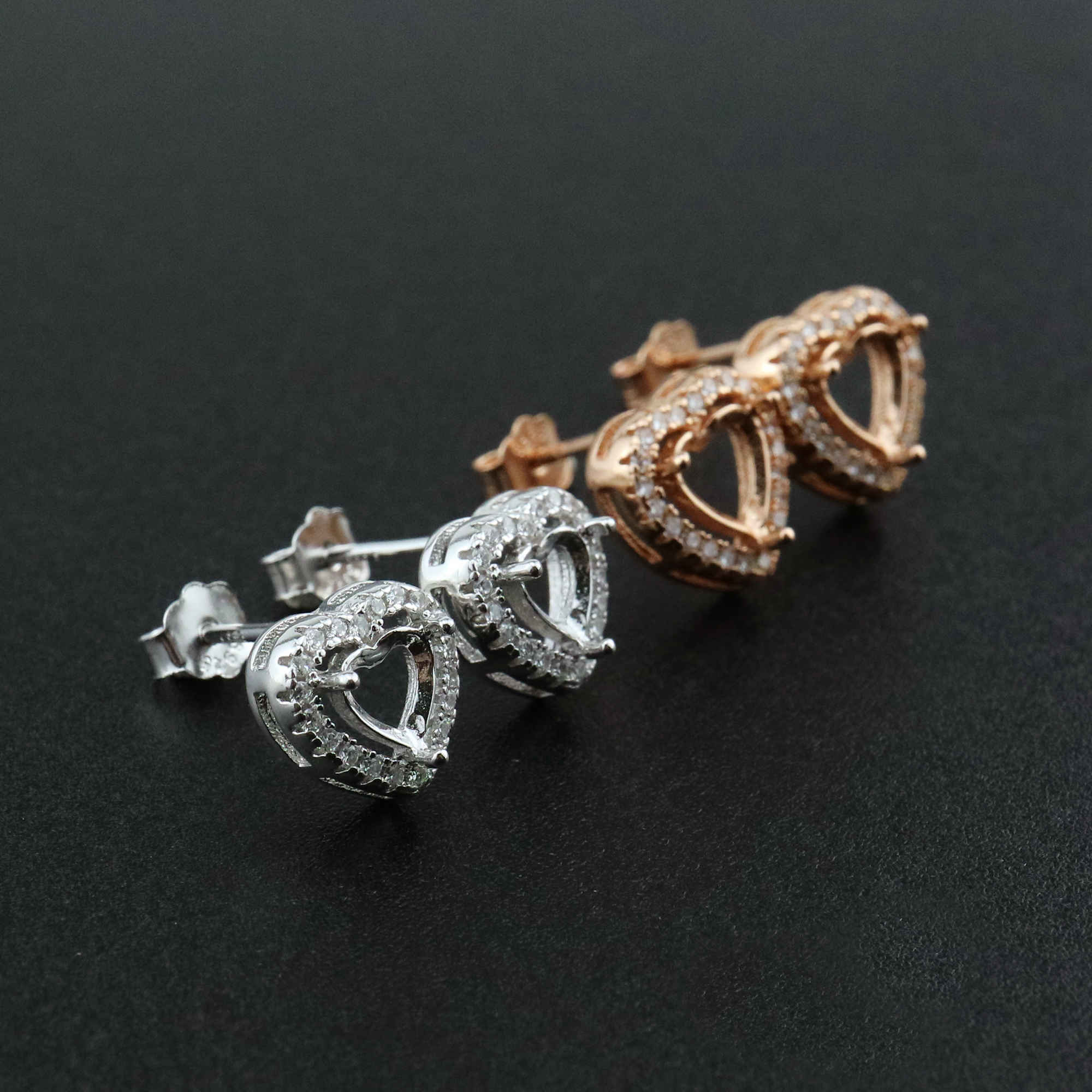 1Pair 5-6MM Rose Gold Plated Solid 925 Sterling Silver Heart Prong Bezel DIY Studs Earrings Settings for Gemstone Jewelry Supplies 1706051 - Click Image to Close